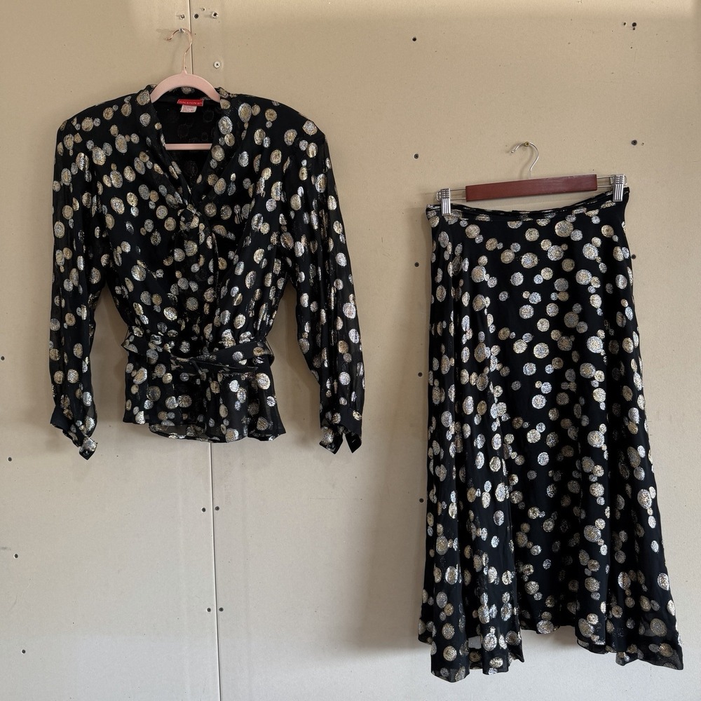 Vintage 80s Halston III Metallic Gold Silver Polka Dot Blouse Skirt Set Sz 10